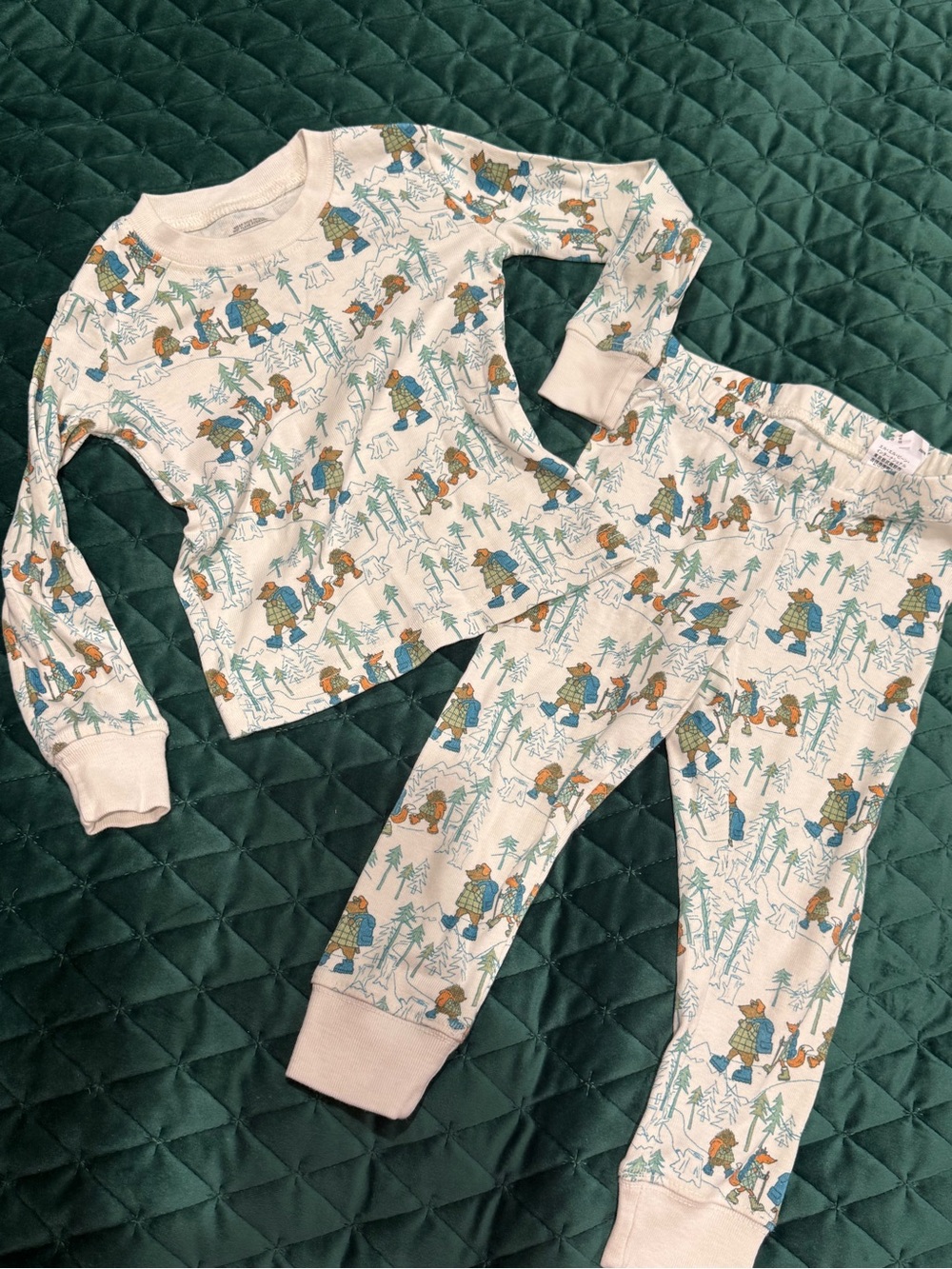 L.L. Bean Cream Kids Pajama Set with Bear & Forest Print
